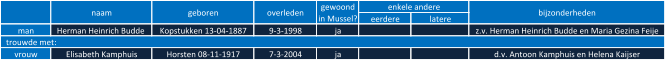 eerdere latere man Herman Heinrich Budde  Kopstukken 13-04-1887 9-3-1998 ja z.v. Herman Heinrich Budde en Maria Gezina Feije vrouw Elisabeth Kamphuis Horsten 08-11-1917 7-3-2004 ja d.v. Antoon Kamphuis en Helena Kaijser naam geboren overleden gewoond  in Mussel? enkele andere  bijzonderheden   trouwde met: